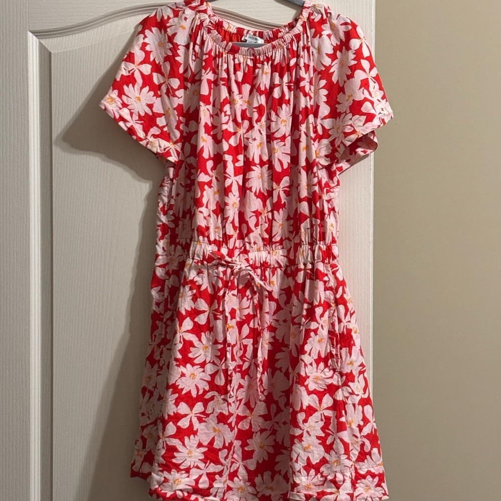 Red Floral Drawstring Waist Dress